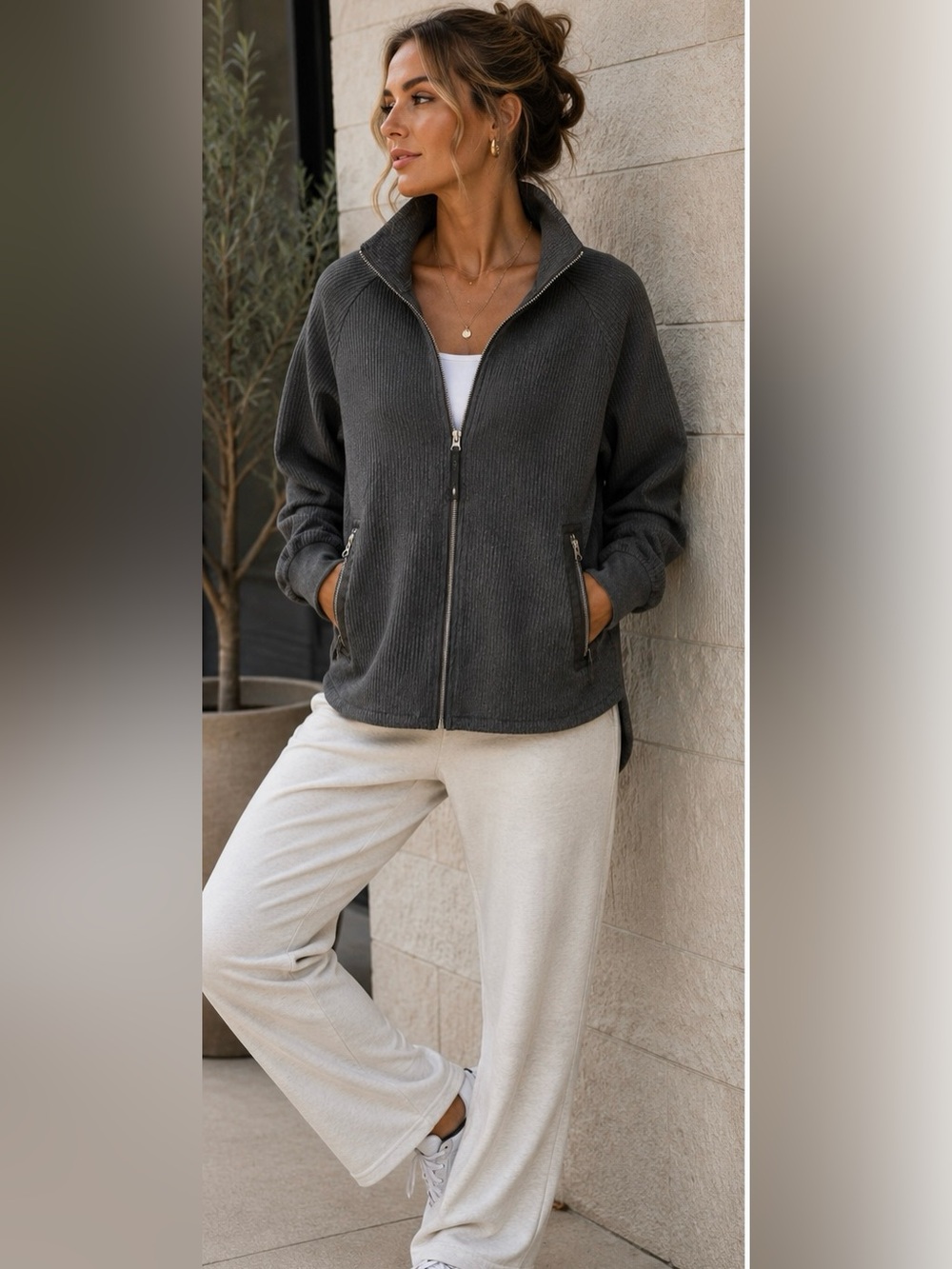 Varley Lita Zip Through Sweat Jacket Gray Cord Rib Full Zip Pockets XS Oversized